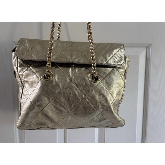 Vintage PRADA Metallic Gold Large Leather Quilted Double-Chain Strap Large - Picture 4 of 13
